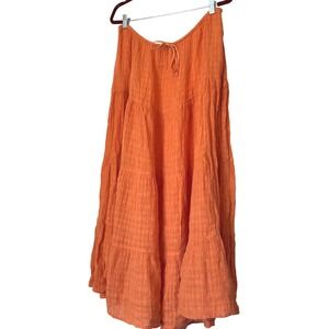 Cut Loose made in USA Orange Linen Tiered Maxi Skirt Boho Drawstring Womens L